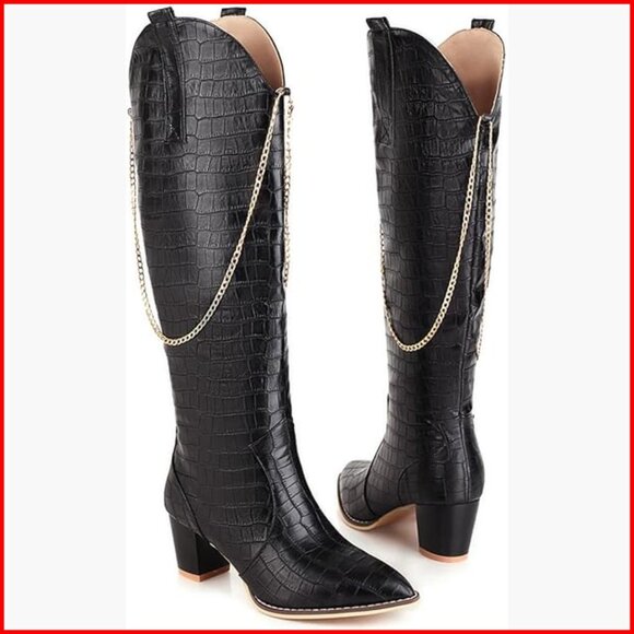 Women's Knee High Western Boots Chunky Heel Pointed Toe Wide Calf Pull On